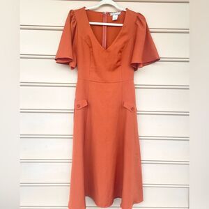 A. Calin Flying Tomato Sleek Orange Belted Midi V-Neck Dress - Size L